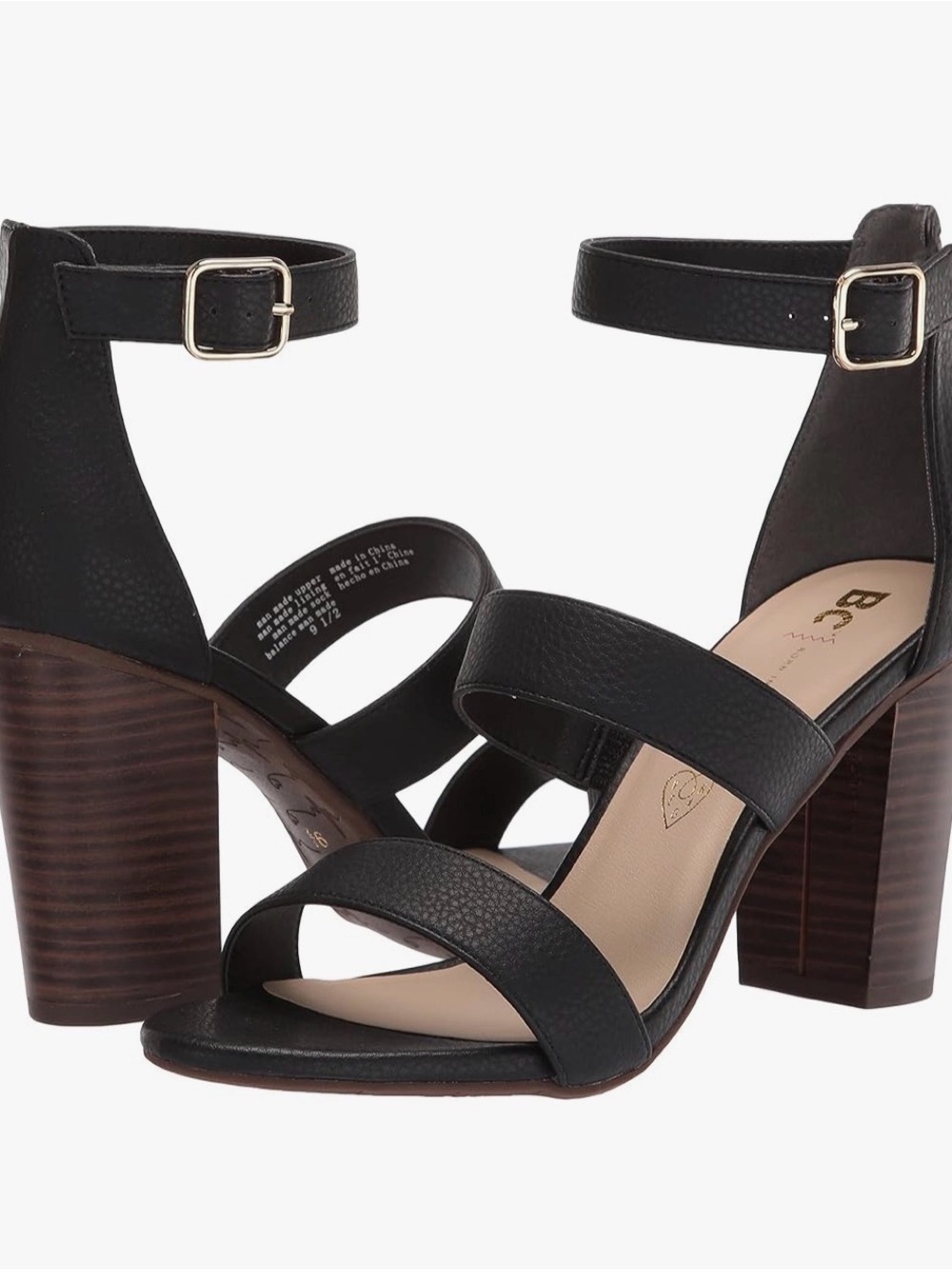 BC Footwear Black Triple Strap Block Heel Sandals Vegan Leather Size 7.5